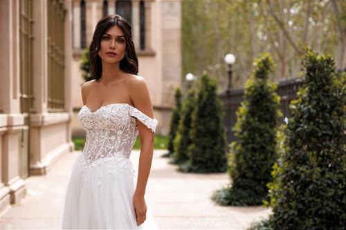 Vestido de Novia Romántico Off Shoulders con Encaje y Tul de Seda