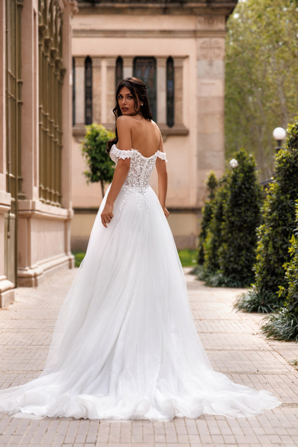 Vestido de Novia Romántico Off Shoulders con Encaje y Tul de Seda