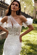 Vestido de Novia Sirena de Encaje con Manga Asimétrica
